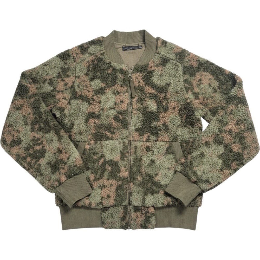 Prana Womens M Sherpa Fleece Bomber Jacket Camo Green Full Zip Cozy Outdoor